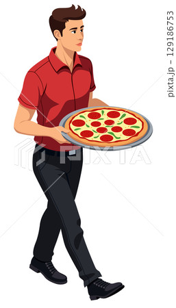 Pizza Delivery Man Walking Isolated 129186753