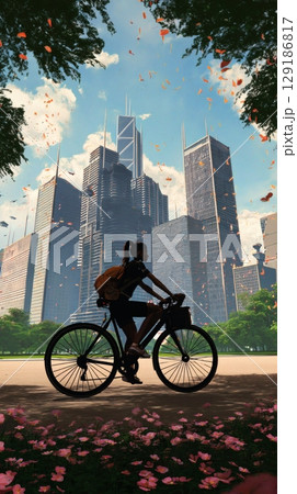 Photorealistic side view of young adult cycling past green urban space with skyline in background creating eco friendly city transportation lifestyle scene 129186817