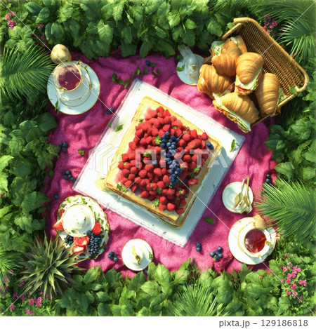 Photorealistic top view of vibrant picnic blanket with fruits sandwiches and drinks in lush park creating colorful outdoor dining summer experience 129186818