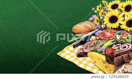 Picnic blanket with various food items bread and vegetables surrounded by sunflowers against green background with big empty copy space for text 129186820