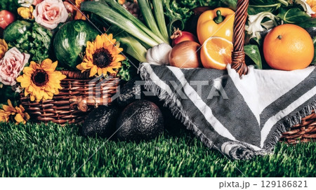 Photorealistic close up of fresh summer food arranged on picnic cloth with grass and flowers creating appetizing outdoor dining scene 129186821