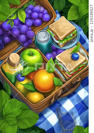 Colorful detailed illustration of open lunchbox filled with picnic food including sandwiches fruit drinks creating cheerful mobile game style artwork 129186827