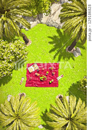 Photorealistic top view of vibrant picnic blanket with fruits sandwiches and drinks in lush park creating colorful outdoor dining summer experience 129186828