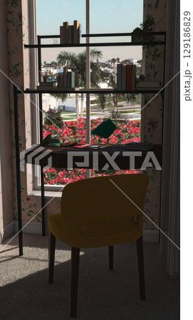Photorealistic over the shoulder view of remote work setup with sunlight and tropical decor creating inspiring digital nomad workspace atmosphere 129186829