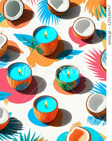 Vibrant colorful pattern coconut candles aerial view blue wax turquoise hues palm leaves scattered white background playful tropical motifs wallpaper packaging Vibrant colorful pattern coconut candles aerial view blue wax turquoise hues palm leaves scattered white background playful tropical motifs wallpaper packaging 129186847