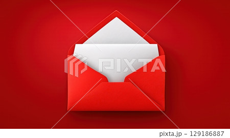 An open red envelope containing a blank white card on a red background, suitable for greeting or invitation concepts An open red envelope containing a blank white card on a red background, suitable for greeting or invitation concepts 129186887