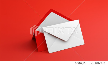 Two envelopes, one white and one red, placed on a bright red surface with clean and minimal design 129186903