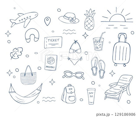 Hand drawn summer travel doodle icons collection with vacation elements airplane beach accessories tropical fruits and luggage isolated on white background vector Hand drawn summer travel doodle icons collection with vacation elements airplane beach accessories tropical fruits and luggage isolated on white background vector 129186986