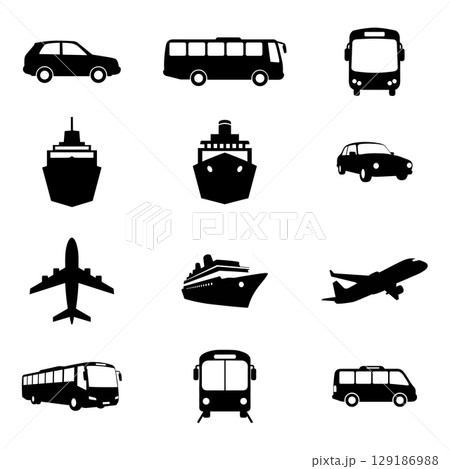 Set of transportation icons car bus cruise ship airplane black silhouette Set of transportation icons car bus cruise ship airplane black silhouette 129186988