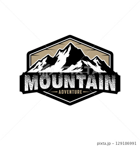 Outdoors nature badges. Adventure emblem, vintage wilderness label and outdooring camping badge on white background Outdoors nature badges. Adventure emblem, vintage wilderness label and outdooring camping badge on white background 129186991