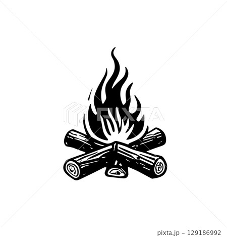 Camping hot bonfire with burning fire flame and wood timber, suitable for outdoor adventure and camping logo design element  129186992