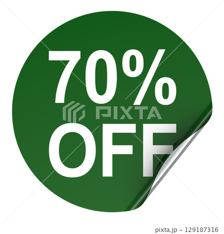 70 percent off sticker, green round label with curled edge. 3D rendering 129187316