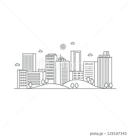Cityscape line art illustration. Urban landscape in monochrome line art style. Vector illustration 129187343