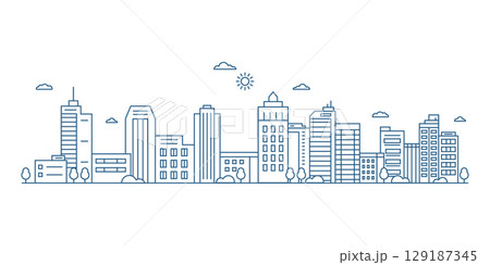 Cityscape line art illustration. Urban landscape in monochrome line art style. Vector illustration 129187345