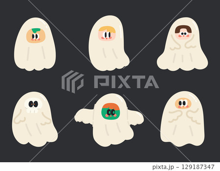 Cute cartoon halloween ghost. Halloween cartoon doodle set. Vector illustration in cartoon style. Cute cartoon halloween ghost. Halloween cartoon doodle set. Vector illustration in cartoon style. 129187347