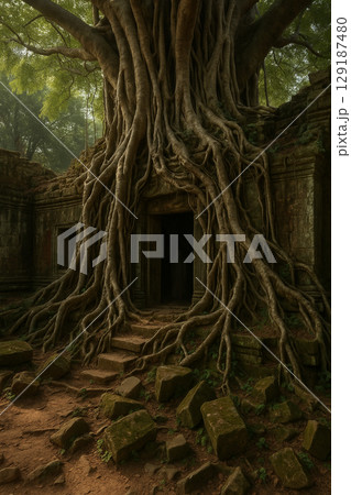 巨大な木の根に覆われた古代遺跡と自然の神秘 129187480