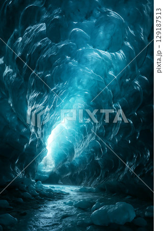 氷の洞窟を照らす幻想的な光と青い氷河の世界 129187513