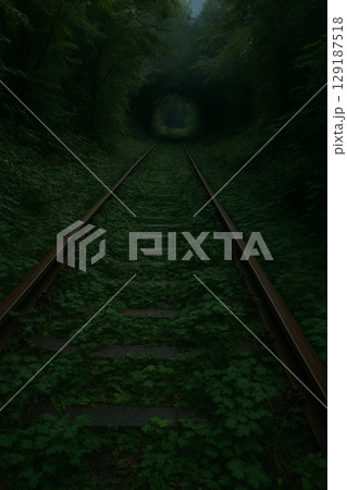 緑に覆われた廃線跡の線路と森のトンネル 129187518