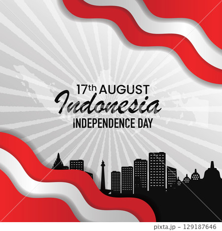 Indonesia Independence Day Greetings with Skyline and Map. Vector illustration. 129187646