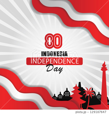 Indonesia Independence Day Design with Wavy Flags and Borobudur Silhouette Background 129187647