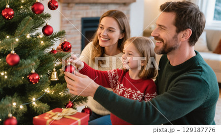 Happy family decorating Christmas tree together with red ornaments in cozy living room, joyful winter holiday moment 129187776