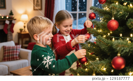 Smiling boy and girl decorating Christmas tree with red ornaments in cozy living room with warm holiday lights 129187777