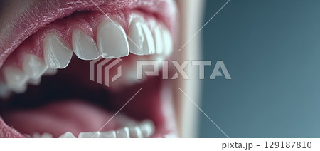 Close up of a smiling mouth with bright teeth 129187810