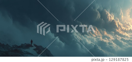 Man stands on rocky cliff under dramatic clouds 129187825