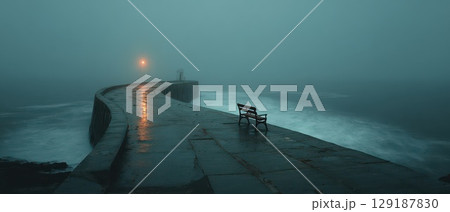 Foggy pier with a lone bench and distant light 129187830
