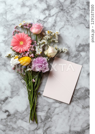 Colorful flower bouquet with blank card, suitable for greeting cards Colorful flower bouquet with blank card, suitable for greeting cards 129187880