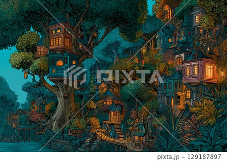 Whimsical treehouses in a magical green forest Whimsical treehouses in a magical green forest 129187897