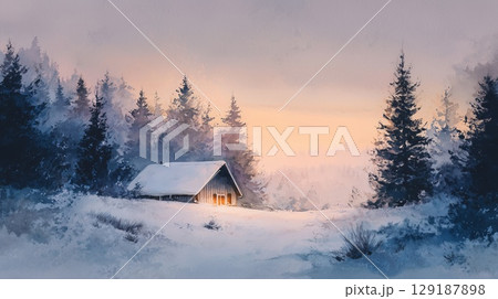 A quiet cabin in a snowy forest A quiet cabin in a snowy forest 129187898