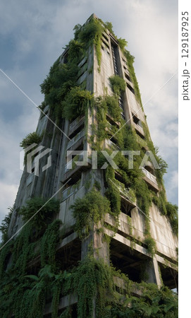 Abandoned Tower Overgrown with Lush Green Vines 129187925