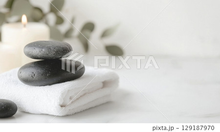 Wellness composition with hot stones, rolled towels, and burning candles for tranquil spa setting 129187970