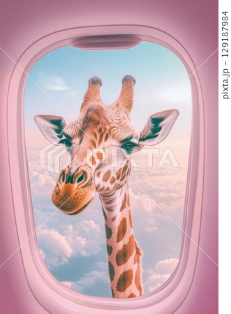 Surreal view of a giraffe outside airplane window above the clouds during colorful sunset flight 129187984