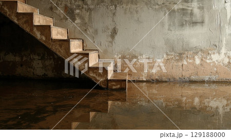 Flooded interior with old staircase and weathered walls in dim light 129188000