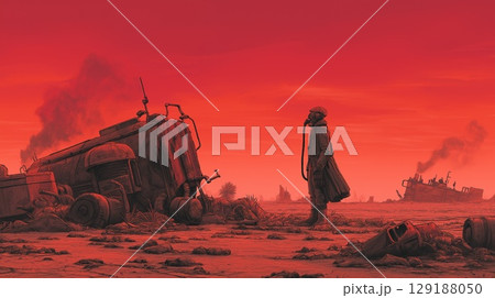 A lonely wanderer in a post-apocalyptic world 129188050