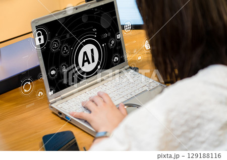 ビジネスシーン、生成AIを活用したデジタルワークフロー、クラウド、DX、デジタルネットワークイメージ ビジネスシーン、生成AIを活用したデジタルワークフロー、クラウド、DX、デジタルネットワークイメージ 129188116