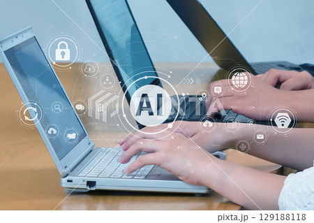 ビジネスシーン、生成AIを活用したデジタルワークフロー、クラウド、DX、デジタルネットワークイメージ ビジネスシーン、生成AIを活用したデジタルワークフロー、クラウド、DX、デジタルネットワークイメージ 129188118