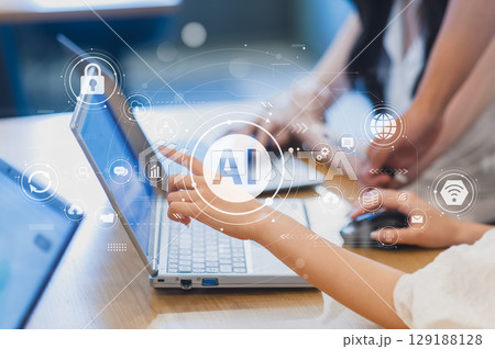 ビジネスシーン、生成AIを活用したデジタルワークフロー、クラウド、DX、デジタルネットワークイメージ 129188128