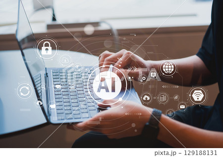 ビジネスシーン、生成AIを活用したデジタルワークフロー、クラウド、DX、デジタルネットワークイメージ 129188131