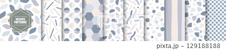 Collection of vector seamless color drawing patterns. Delicate geometric elegant backgrounds. Simple pastel unusual textile prints. Creative design 129188188