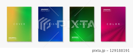 Collection of bright colorful striped abstract digital technology covers, templates, placards, brochures, banners, flyers, backgrounds. Vibrant minimalistic swirl halftone gradient posters 129188191