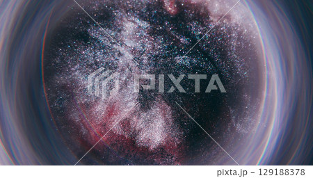 Silver splash. Blur shimmer flow. Defocused red blue yellow color round shiny ink texture circle bubbles on abstract creative background. 129188378