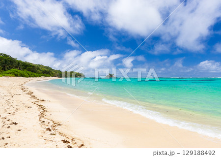 Tranquil Sandy Beach with Turquoise Waters and Blue Sky Tranquil Sandy Beach with Turquoise Waters and Blue Sky 129188492