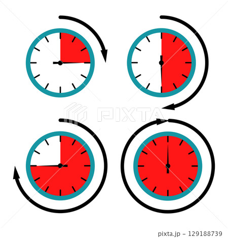 Clock Time Rotation Infographic. Vector Illustration of Hour Progression. Different time intervals with distinct red shaded segments. Clock Time Rotation Infographic. Vector Illustration of Hour Progression. Different time intervals with distinct red shaded segments. 129188739