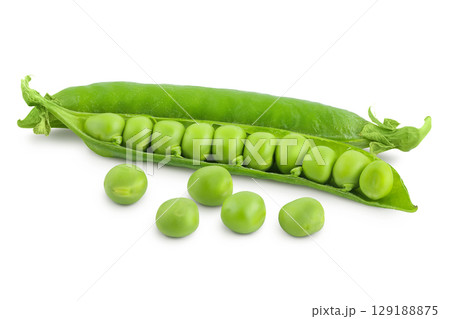 Fresh green pea pod with beans isolated on white background 129188875