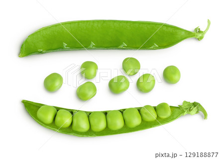 Fresh green pea pod with beans isolated on white background. Top view. Flat lay Fresh green pea pod with beans isolated on white background. Top view. Flat lay 129188877