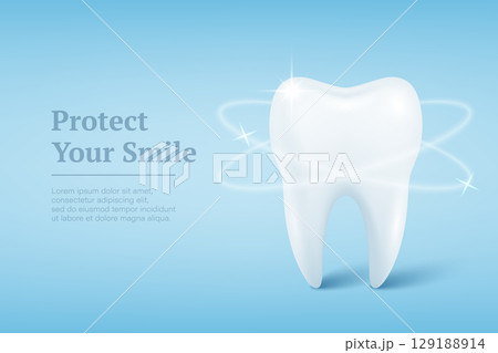 Vector 3d Realistic Tooth on Blue Background. Healthy White Tooth with Glowing Light Effect for Dental Clinic. Banner with Tooth for Dentistry, Tooth Care Concept, Oral Hygiene, Dentist Clinic Design 129188914