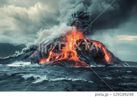 Dramatic volcanic eruption with lava flows and ash clouds rising over the ocean. 129189298